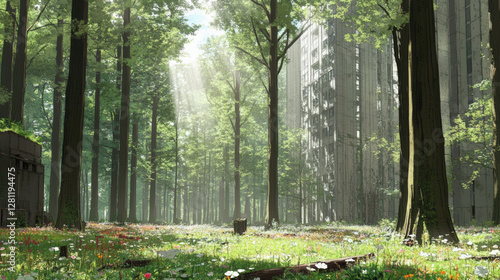 Wallpaper Mural A nature background showcasing a dense forest with towering trees, dappled sunlight filtering through the leaves, and a carpet of wildflowers, capturing the essence of untouched natural beauty 20 Torontodigital.ca