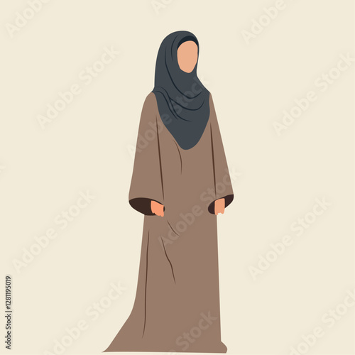 Minimalist vector illustration of a woman in a brown abaya and hijab, standing gracefully. Modest fashion, traditional clothing, and cultural diversity concept