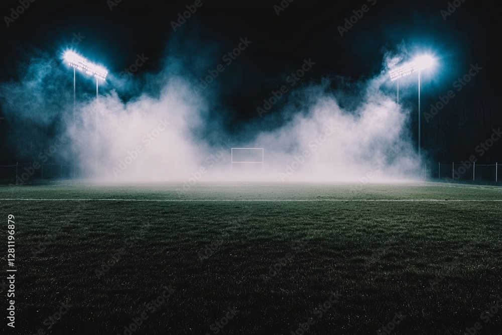 Powerful blue lights illuminated the dense fog that filled a stadium field, creating an atmosphere of anticipation and excitement for an event Powerful blue lights illuminated the dense fog that filled a stadium field, creating an atmosphere of anticipation and excitement for an event