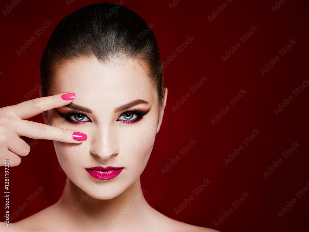 Fototapeta premium Generated image partially. Makeup and cosmetic concept image. Colorful makeup woman on red background. 