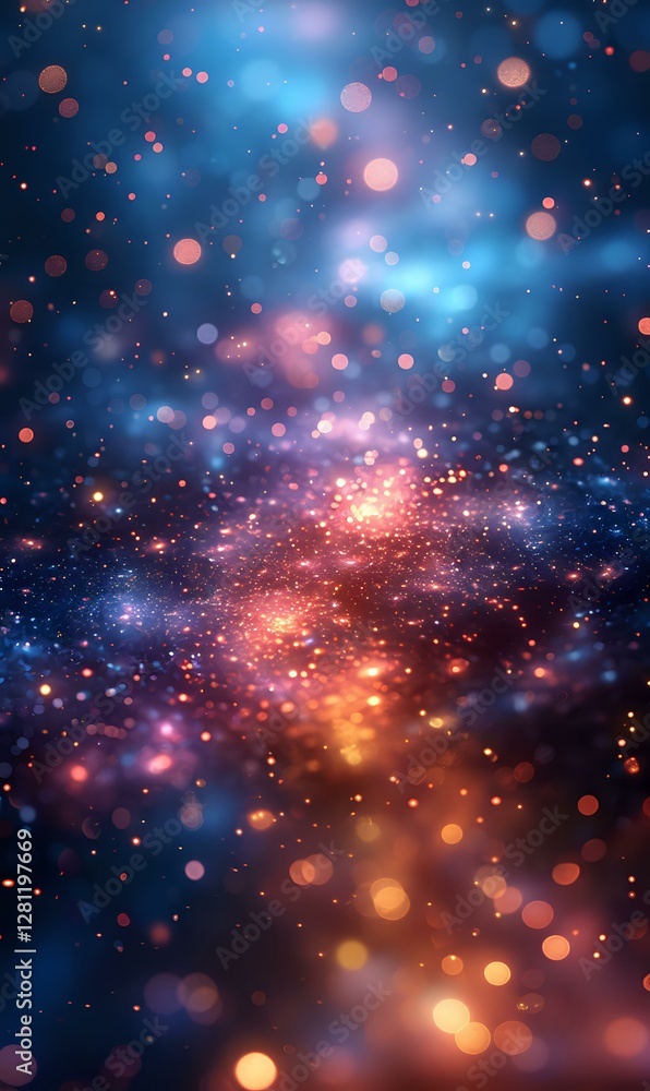 Magical glowing particles and bokeh lights in deep blue and orange colors create dreamy cosmic atmosphere for fantasy or celebration backgrounds. Magical glowing particles and bokeh lights in deep blue and orange colors create dreamy cosmic atmosphere for fantasy or celebration backgrounds.