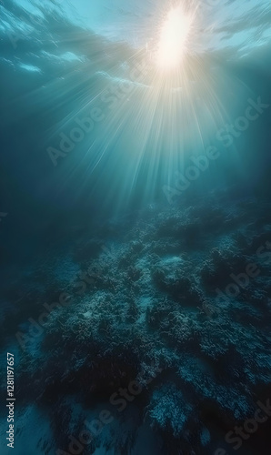 Wallpaper Mural Underwater realm with sunbeams illuminating the seabed, evoking serene deep ocean Torontodigital.ca