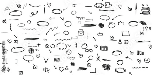 Black chisel point marker lines, arrows, crowns. Hand drawn waves, underlines, frames, tick boxes. Notebook scrapbook lines pack. 
