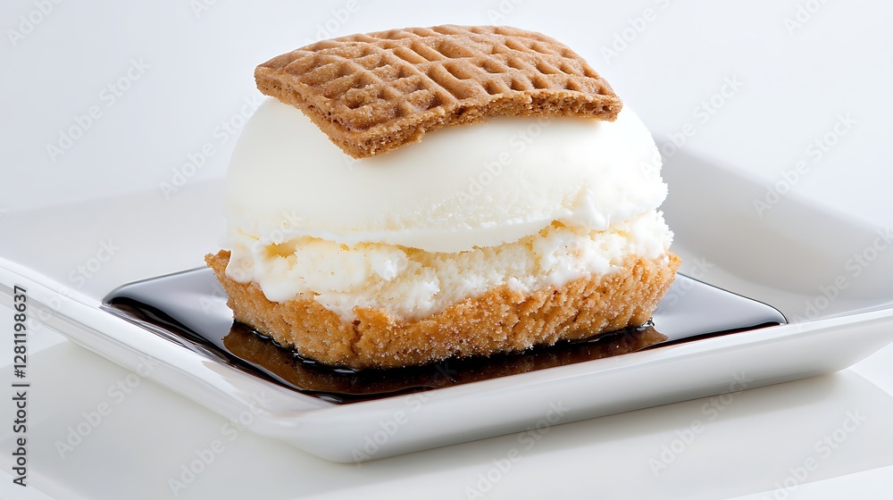 Delicious Vanilla Ice Cream Sandwich with Caramel Sauce and Crispy Waffle Cookie Delicious Vanilla Ice Cream Sandwich with Caramel Sauce and Crispy Waffle Cookie