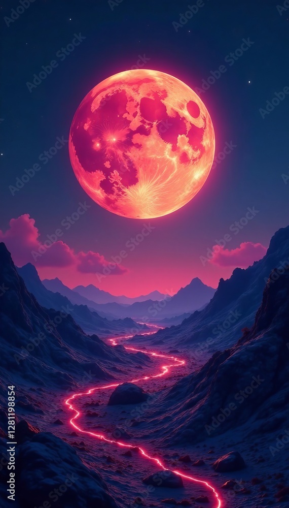 Surreal lunar landscape with glowing moon and distant stars, landscape, universe Surreal lunar landscape with glowing moon and distant stars, landscape, universe