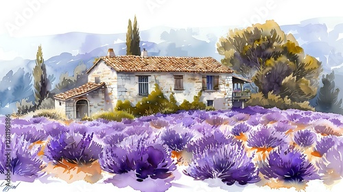 Fototapeta Naklejka Na Ścianę i Meble -  Rustic farmhouse amid blooming lavender field in Provence style watercolor landscape with cypress trees and purple flowers against cloudy summer sky.