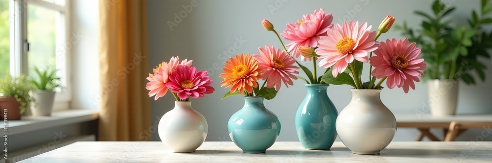 Three ceramic vases containing vibrant blooms in a bright room with natural light, three, vases Three ceramic vases containing vibrant blooms in a bright room with natural light, three, vases