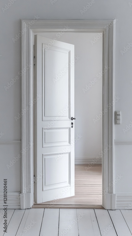 An open door reveals a serene white room bathed in natural light, highlighting the smooth wooden flooring. The inviting atmosphere encourages exploration and contemplation An open door reveals a serene white room bathed in natural light, highlighting the smooth wooden flooring. The inviting atmosphere encourages exploration and contemplation