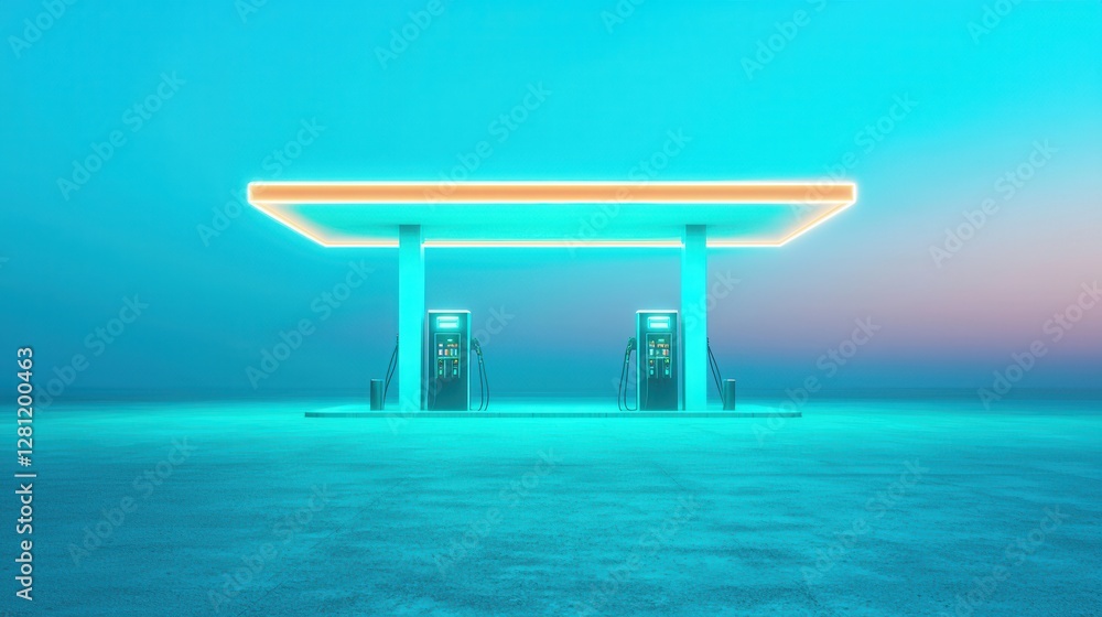 Futuristic Gas Station with Neon Lights in a Serene Landscape Futuristic Gas Station with Neon Lights in a Serene Landscape
