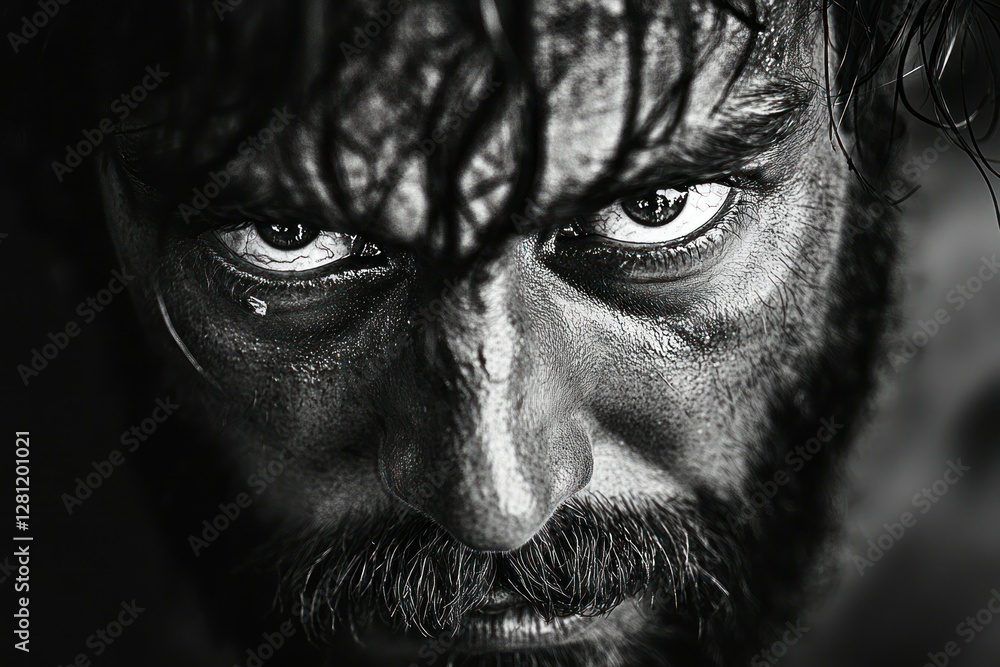 Intense Portrait of a Male with Deep Shadows and Expressive Eyes in Black and White Lighting Intense Portrait of a Male with Deep Shadows and Expressive Eyes in Black and White Lighting