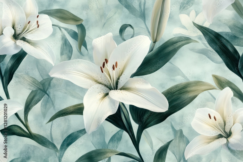 Fototapeta premium Elegant White Lilies with Soft Green Leaves on Subtle Textured Background in Artistic Floral Design
