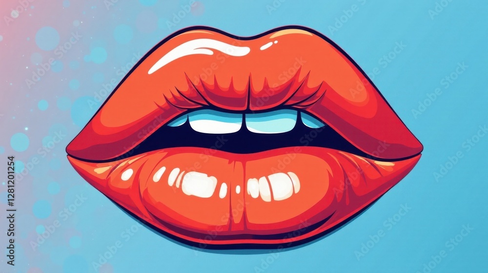 A vibrant depiction of glossy red lips, slightly parted, revealing a hint of teeth against a pastel blue backdrop. The image evokes a sense of allure and playful boldness. A vibrant depiction of glossy red lips, slightly parted, revealing a hint of teeth against a pastel blue backdrop. The image evokes a sense of allure and playful boldness.