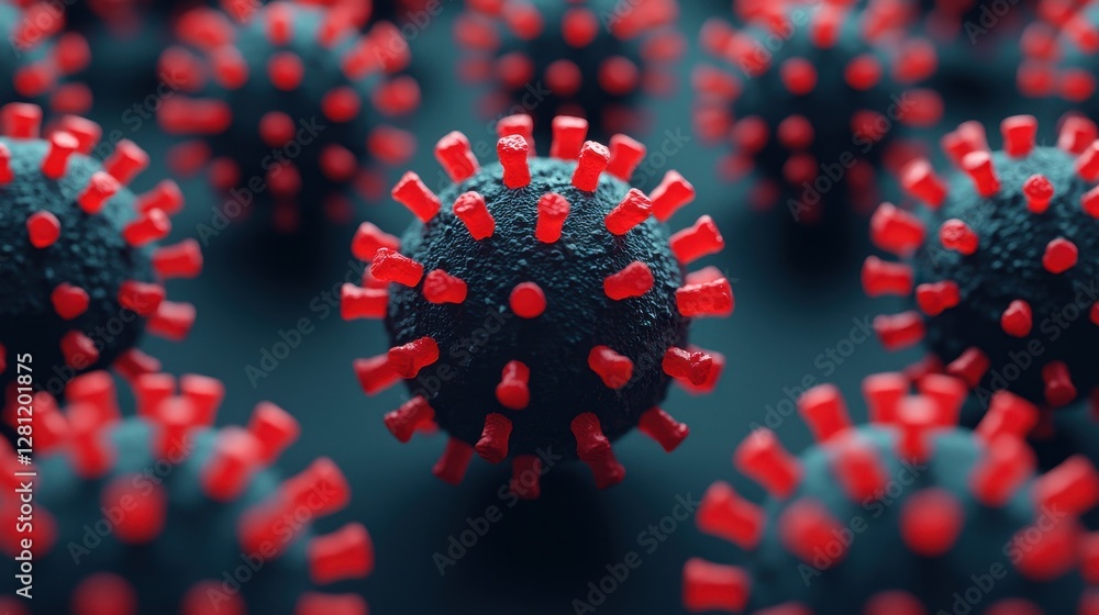 Close-up View of Virus with Red Spikes on Dark Background Close-up View of Virus with Red Spikes on Dark Background