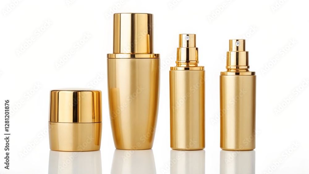 A collection of elegant gold cosmetic bottles, showcasing a sleek and luxurious design, ideal for beauty and skincare products. A collection of elegant gold cosmetic bottles, showcasing a sleek and luxurious design, ideal for beauty and skincare products.