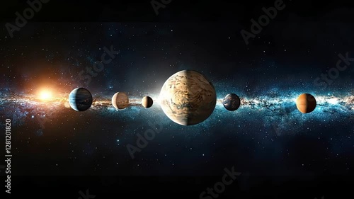 Celestial Alignment: A breathtaking visual of our solar system unfolds, with planets meticulously arranged against the backdrop of a radiant sun and the cosmic ballet of the Milky Way galaxy.