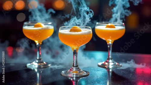 Wallpaper Mural tree molecular cocktails fried egg, with yolk from mango syrup, egg white from coconut cream, on the counter of a bar, top view, a lot of smoke around, neon lights, theme of modern cuisine Torontodigital.ca