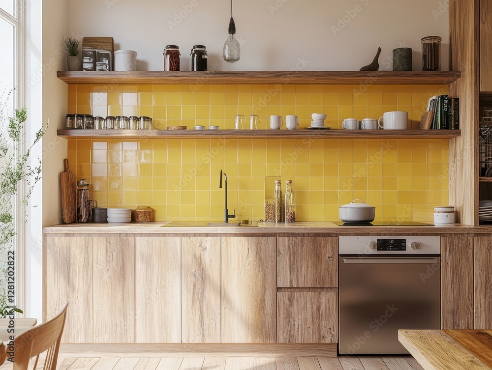 Kitchen interior features shelves with items and yellow tiles on the wall