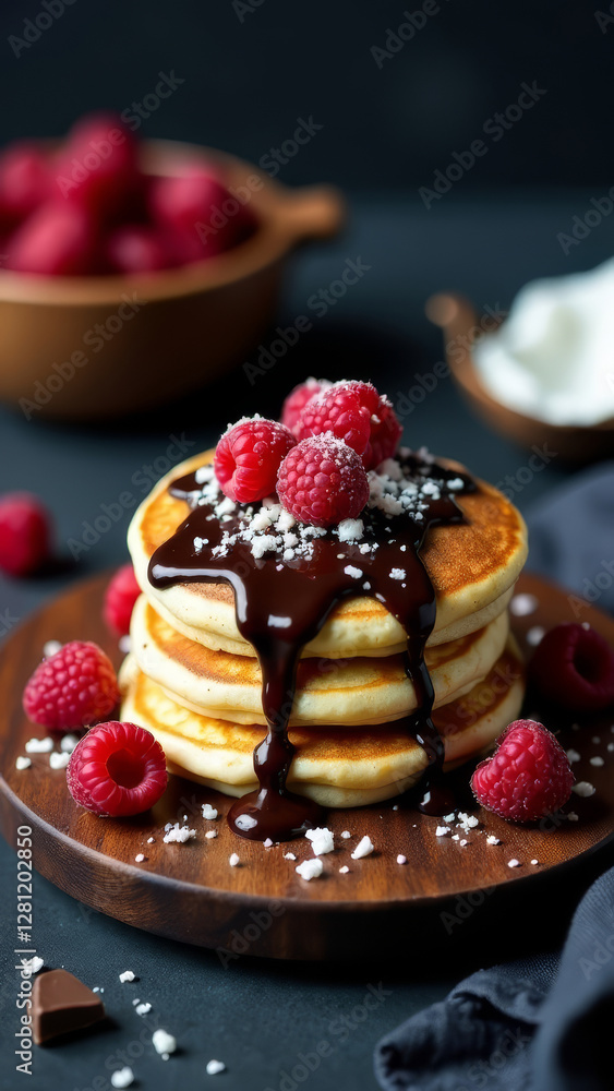pancakes, poured with white chocolate syrup, sprinkled with raspberry and coconut flakes, chocolate, on a stone dark stylish board, prescription, menu, vertical pancakes, poured with white chocolate syrup, sprinkled with raspberry and coconut flakes, chocolate, on a stone dark stylish board, prescription, menu, vertical
