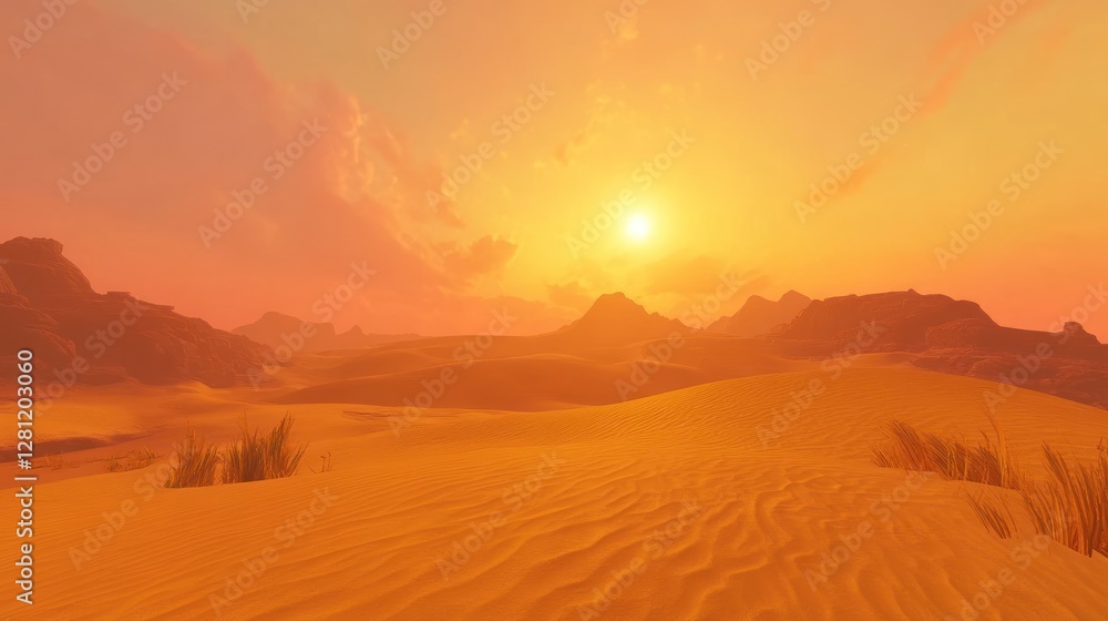 Desert Sunset Over Rolling Sands and Distant Mountains Desert Sunset Over Rolling Sands and Distant Mountains