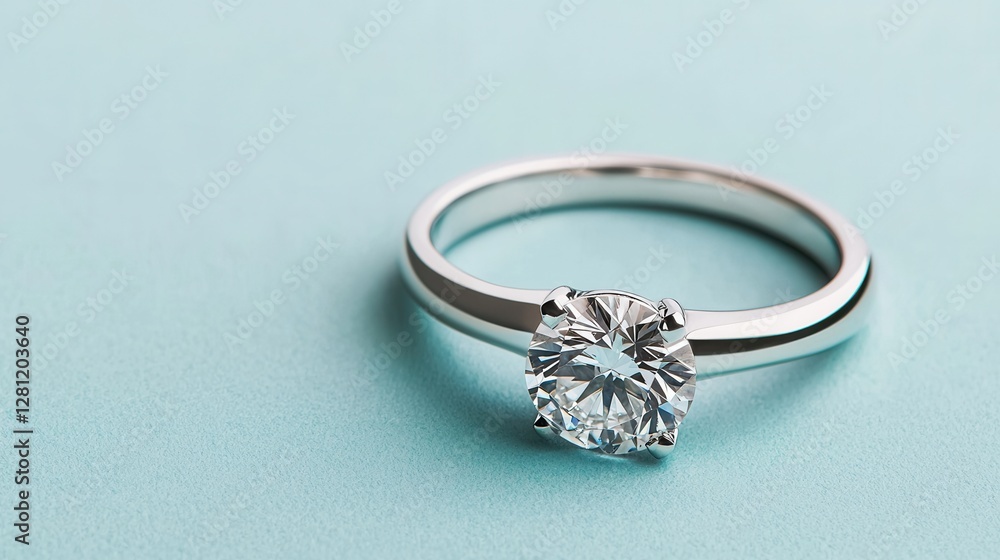 Elegant Solitary Diamond Engagement Ring on Soft Blue Background Elegant Solitary Diamond Engagement Ring on Soft Blue Background