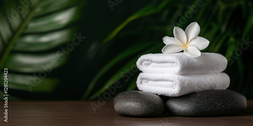 The spa scene includes candles, frangipani flowers, and white towels arranged on top of smooth stones