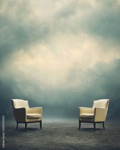 Two chairs in a surreal, cloudy landscape.