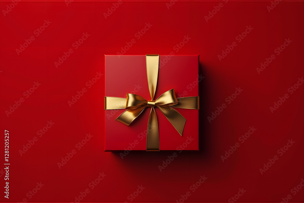 Elegant Red Gift Box with Golden Ribbon on Vibrant Red Background Elegant Red Gift Box with Golden Ribbon on Vibrant Red Background