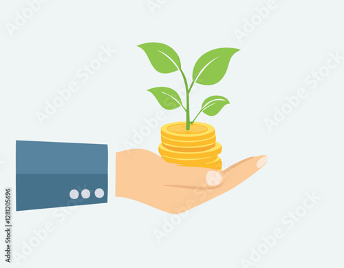 Concept of money with plant growing from coins in hand. Financial and save money concept