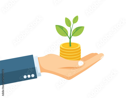 Concept of money with plant growing from coins in hand. Financial and save money concept