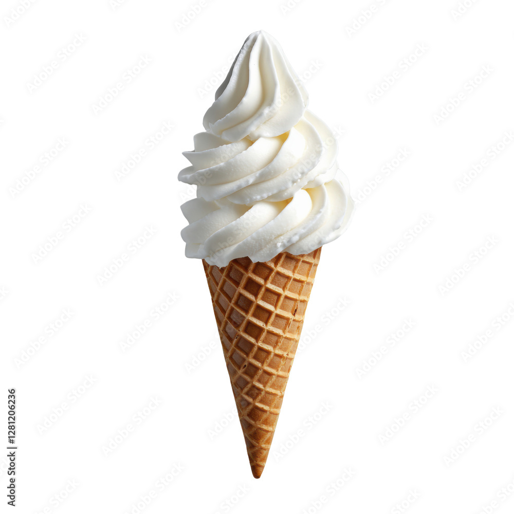 Creamy Soft Serve Ice Cream Cone with Swirled White Topping in a Classic Waffle Cone Creamy Soft Serve Ice Cream Cone with Swirled White Topping in a Classic Waffle Cone