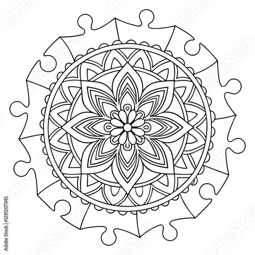 Mandala Coloring Page: Intricate Floral Design with Puzzle Piece Border, Relaxation Art Therapy, Printable Adult Coloring Book Page