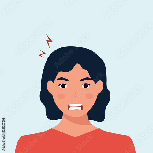 Angry frustrated young woman screaming. Irritation, mad expression, frustration and negative emotion vector graphic illustration.