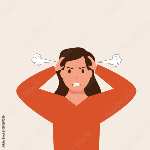 Angry screaming young woman  with steam coming out of his ears. Irritation, mad expression, frustration and negative emotion vector graphic illustration.