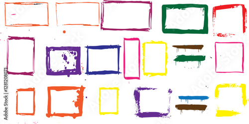 Distressed edge brush painted overlay frames. Vector colorful hand-drawn childish frame backgrounds.