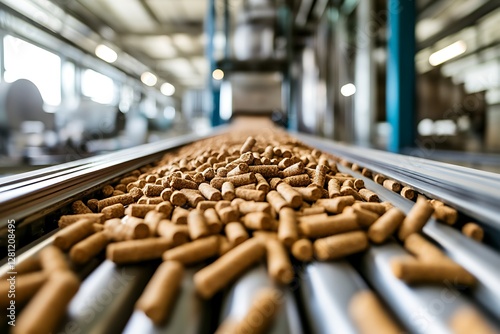 Factory food pellets on conveyor belt
