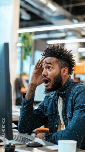 Surprised office worker reacts to unexpected news on computer