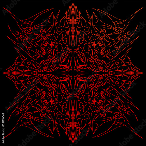 Blood red tribal chaos, an intense and sharp symmetrical design for extreme metal logos, horror artwork, tattoo flash, and dark fashion