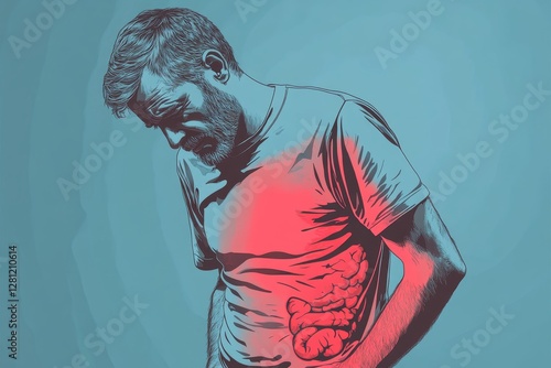 Middle-aged man holding his lightened with red right side, suffering from liver pain, blue studio background, copy space. man having hepatitis, rubbing his right side. Liver diseases, Generative AI