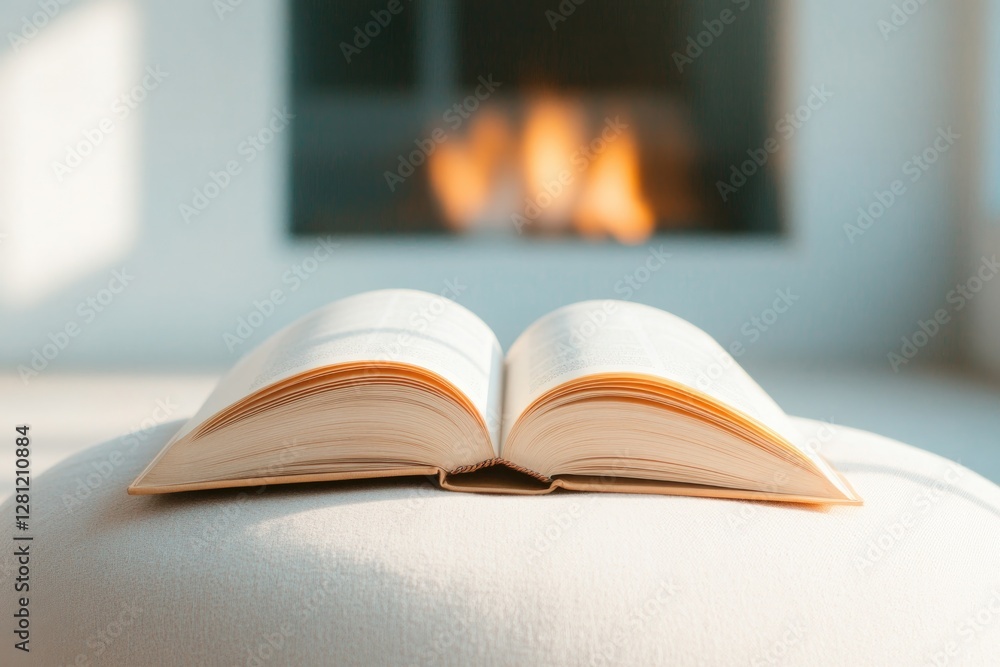 tranquil view of open book on soft ottoman near fireplace pages slightly curled and light creating peaceful atmosphere tranquil view of open book on soft ottoman near fireplace pages slightly curled and light creating peaceful atmosphere
