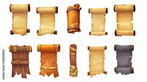 A set of icons for games. Paper scrolls Highlighted on a white background