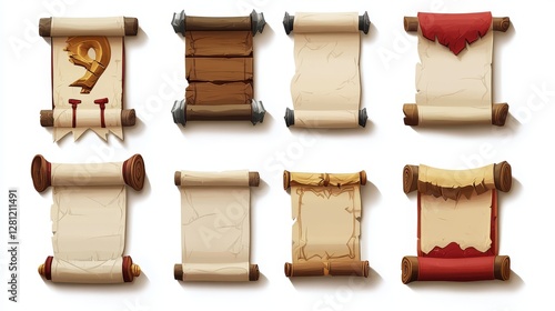A set of icons for games. Paper scrolls Highlighted on a white background