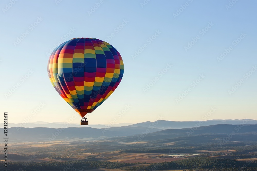 Fototapeta premium vibrant hot air balloon soars above scenic landscape on crisp clear morning with ample copy space