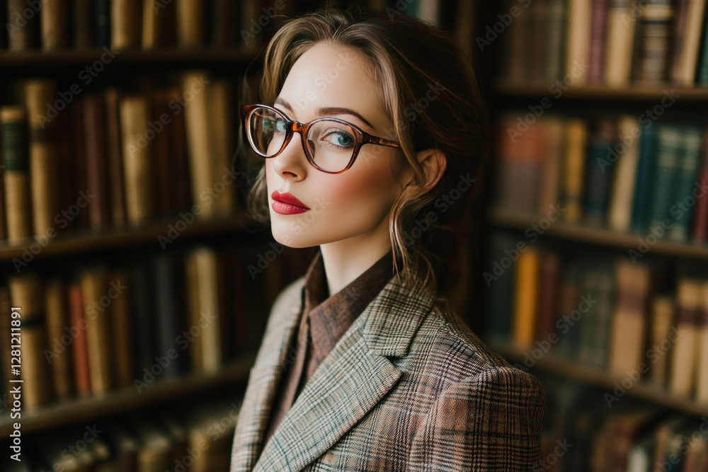 Stylish Young Woman with Eyeglasses Posing Elegantly in a Vintage Library Setting Stylish Young Woman with Eyeglasses Posing Elegantly in a Vintage Library Setting