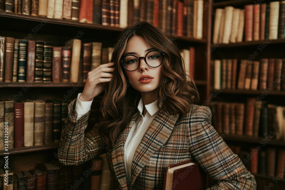 Young Woman in Stylish Attire Posing in Front of Vintage Bookshelves in a Library Young Woman in Stylish Attire Posing in Front of Vintage Bookshelves in a Library