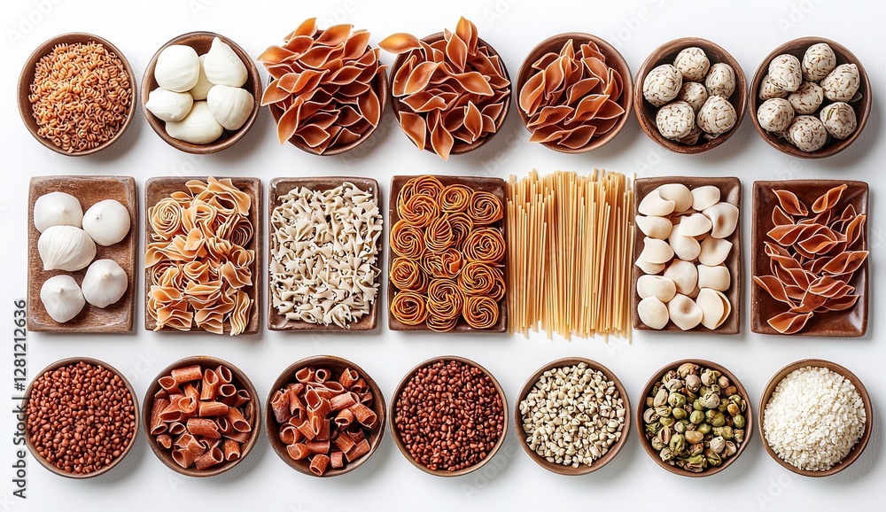 Obraz premium Assortment of Whole Grains and Pasta on White Background