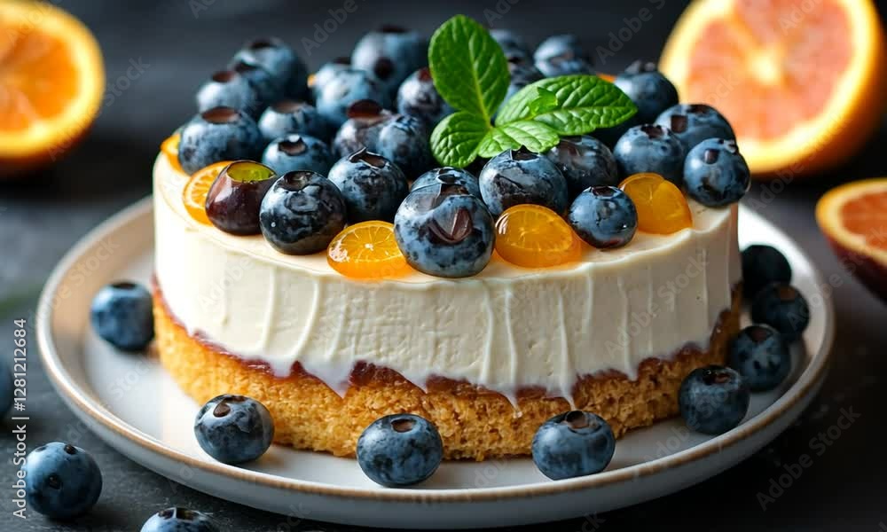 A beautifully decorated cheesecake topped with fresh blueberries and citrus fruits on a dark background A beautifully decorated cheesecake topped with fresh blueberries and citrus fruits on a dark background