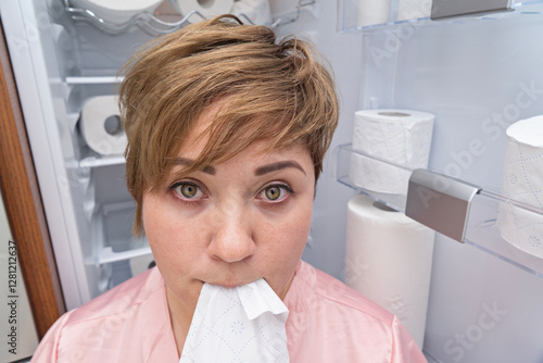 Pregnant woman with short hair and confused expression holds toilet paper in her mouth, standing in front of fully stocked toilet paper shelf. Non-food items eating concept