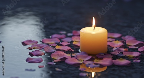 Illuminated candle with petals on dark reflective water surface photo