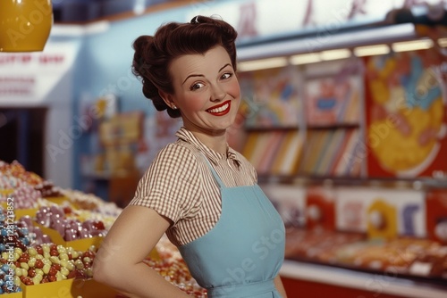 Smiling Retro Shopkeeper in a Colorful Candy Store Filled with Sweets and Treats photo