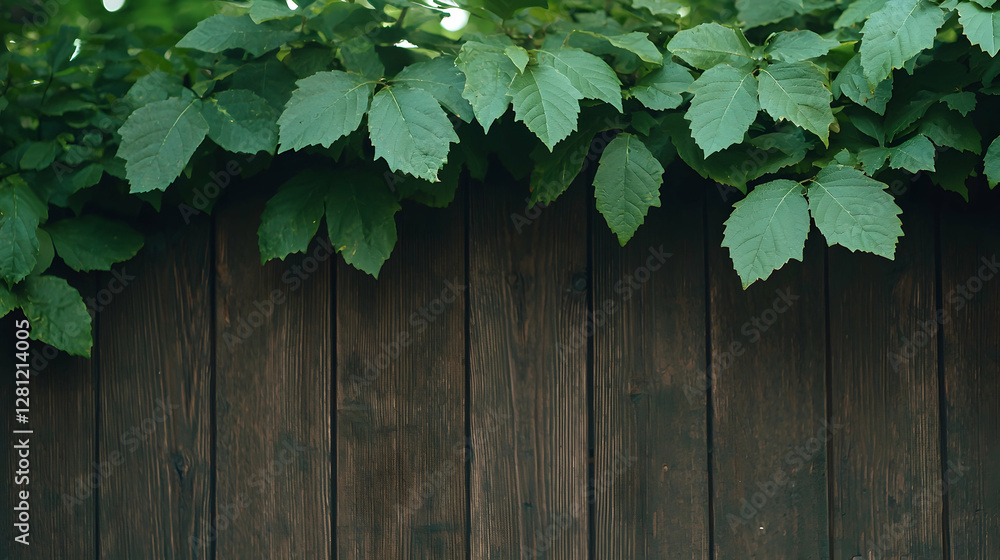 Lush green leaves on dark wooden fence Lush green leaves on dark wooden fence
